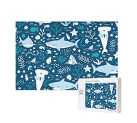 Tiburón Sonriente Animales Marinos Peces Estrellas de mar Azul,Rompecabezas de Madera de 300 Piezas, Juego Familiar, Rompecabezas para Adultos, Adolescentes, decoración del hogar