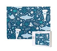 Tiburón Sonriente Animales Marinos Peces Estrellas de mar Azul,Rompecabezas de Madera de 500 Piezas, Juego Familiar, Rompecabezas para Adultos, Adolescentes, decoración del hogar