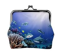 Tiburones nadando bajo el mar imprimir mujeres beso cerradura bolsa de moneda, mini billetera para tarjetas y lápiz labial, billetera compacta suave