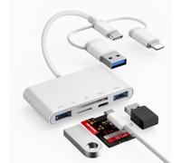 Ticenpe Lector de tarjetas SD USB C USB A Lightning macho lector de tarjetas 5 en 1 adaptador de tarjetas con SD/Micro SD/2 puertos USB/puerto de carga C, lector de tarjetas de memoria para iPhone
