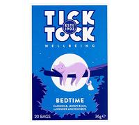 Tick Tock Bedtime, herbal tea blend with rooibos, naturally caffeine free, helps promote restful sleep. 20 bolsas