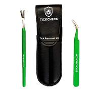 TickCheck Kit removedor de garrapatas (removedor de garrapatas de Acero Inoxidable con Pinzas, Estuche de Cuero y Tarjeta de identificación de garrapatas de Bolsillo) Envase de 1