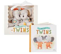 Tickle & Main We are Twins, Set de regalo para bebés y niños gemelos, libro de recuerdos y set de 2 sonajeros elefante de peluche para niños y niñas