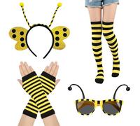 TICKLELY 4 Piezas Disfraz Abeja Accesorios, Abeja Diadema Abeja Antena Diadema Abeja Gafas Negro Amarillo Rayas Guantes Largos Pendientes para Halloween Carnaval Disfraz Abeja Niña Niños Adulto