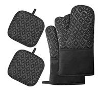 TICKLELY Guantes Horno, 2 Antideslizante Manoplas Cocina y 2 Juego de Mantel Individual, Manoplas de Horno Guantes para Hornear, Guantes para cocinar Silicona, para Cocinar Hornear Microondas (Negro)