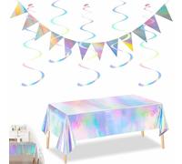 TICKLELY Mantel de cumpleaños de arcoíris con Bandera de triángulos láser y 12 Piezas de espirales Coloridas para Fiesta de niños y Adultos, tamaño 274 cm x 137 cm, Material Resistente, Decoraciones