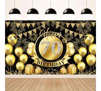 TICKLELY Pancarta de 70 cumpleaños en oro negro, decoraciones para fiesta de 70 cumpleaños, fondo de cartel de tela para 70 cumpleaños, para decoración de fiesta, cumpleaños, hombre y mujer