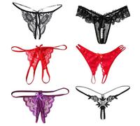 TICKLELY Paquete De 6 Tangas Ropa Interior De Encaje Sexy Para Mujer Con Abertura Abierta De Cuentas Con Diseño De Flores, Negro