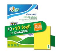 Tico Italia LP4FG-210297P Etiquetas adhesivas amarillas neón, 70 + 10 hojas extra, rectangulares 210 x 297 mm, 1 etiqueta por hoja, adhesivo permanente, impresoras láser e inyección de tinta