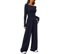 ticticlily Conjunto Deportivo Mujer Chándal Vestir Dos Piezas Camiseta de Manga Langa y Pantalones Pierna Ancha Cintura Alta Ropa Deportiva Jogging Gimnasio Casa Invierno A Azul XS