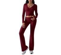 ticticlily Conjuntos Mujer Verano Pijamas Conjunto Deportivo Ropa Vestir Dos Piezas Chandal Camiseta de Manga Langa y Pantalones A Vino Tinto M