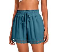 ticticlily Pantalones Cortos Mujer Verano Elegante Pantalón Corto Cintura Alta Elasticidad con Cuerda de Bombeo Shorts de Casuale Playa A Azul Pavo Real M