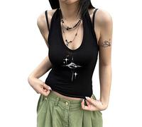 ticticlily Top de Mujer Corto Y2K Vintage Camiseta Manga Corta/sin Manga Cuello Redondo Tank Crop Tops Sexy Chic Basic Camisetas Harajuku Retro 90s E-Girl Streetwear D Negro S