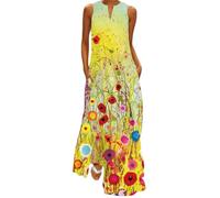 ticticlily Vestido de Mujer Verano 2022 Maxi Largo Vestidos de Casual Playa Vestido sin Manga Cuello V Estampado Floral Vestido con Bolsillo Suelto Talla Grande Primavera Amarillo B XXL