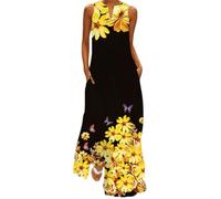 ticticlily Vestido de Mujer Verano 2022 Maxi Largo Vestidos de Casual Playa Vestido sin Manga Cuello V Estampado Floral Vestido con Bolsillo Suelto Talla Grande Primavera Amarillo 3XL