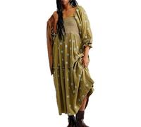ticticlily Vestido Mujer Maxi Largo Elegante Boho Bordado Floral Vestidos de Casual Playa Vestido Manga Larga Escotado por Detrás A Verde Oliva S