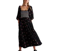 ticticlily Vestido Mujer Maxi Largo Elegante Boho Bordado Floral Vestidos de Casual Playa Vestido Manga Larga Escotado por Detrás A Negro L
