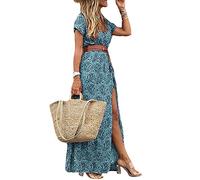 ticticlily Vestido Mujer Verano Sexy Elegante Largo Maxi Estampado Boho Floral Vestidos Casuale Fiesta Viajes Vestido Manga Corta Cuello Vestidos sin Manga Escotado por Detrás de Playa Verde M
