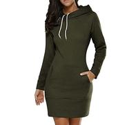 ticticlily Vestidos Mujer Cortos Sudaders con Capucha Vestido Manga Larga y Cuello Redondo Pulóver Largo Color Sólido Hoodie Un Tejido Jersey Talla Grande Hoodies A Ejercito Verde L