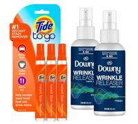 Tide To Go - 3 bolígrafos quitamanchas líquidos + 2 pulverizadores de liberación de arrugas Downy Plus x2 - Refrescante de tela compacto de tamaño de viaje y bolígrafos quitamanchas instantáneos para