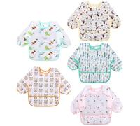 TIDEVAN 5 Piezas Babero con Mangas Impermeable Babero de Manga Larga Baberos Bebe Impermeables con Bolsillo Recoge Comida, Delantal de Bebé Lavables, para Pintar Artes Bebe Unisex 6 a 36 Meses