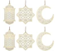 Tidevib 6 colgantes huecos de madera para Eid al-Fitr, adornos de decoración de ramadán de bricolaje, juego de decoración natural para el hogar