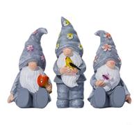 Tidevib Juego de 3 gnomos de jardín de resina para decoración al aire libre, estatuas de hadas europeas con detalles de pájaros y setas, adornos de patio para patio (gris)