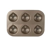 Tidevib Molde para tartas con 6 cavidades en forma de castaña, antiadherente de acero al carbono para pasteles Madeleine, bandeja dorada apta para horno