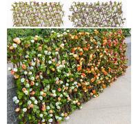 Tidevib Valla telescópica de rosas artificiales para pared de jardín con marco de madera, pantalla de privacidad expandible para balcón, patio, decoración del hogar, color morado champán, rosa oscuro