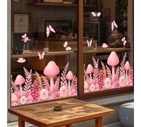 Tidgel Calcomanías de ventana de hongo floral rosa para puertas de vidrio, película de PVC reutilizable, decoración minimalista moderna del hogar, 11.81 x 35.43 pulgadas