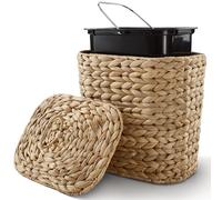 Tidita Cesta de basura tejida de mimbre de 1.3 galones con tapa, cubo de basura ovalado de jacinto de agua con asas, cubo de basura de hierba marina para dormitorio, baño, cocina, oficina, contenedor