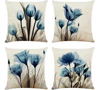TIDWIACE Juego de 4 Fundas de Cojín 45x45 cm Flor Azul,Fundas para Cojines de Lino,para Patio al Aire Libre, Jardín, Sala de Estar, Sofá, Decoración de Casa de Campo