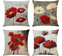 TIDWIACE Rojo Flores Fundas Cojines 40 x 40 cm, Juego de 4 Lino Cojines Decoracion,Fundas de cojín Decorativas Suaves y Transpirables para Sofá,Dormitorio y Sala de Estar,con Cremallera Oculta