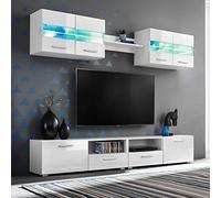 Tidyard 5 Piezas Mueble Salón Comedor Moderno Mesa para TV Mueble TV de Pared con LED y Puertas Plegables Estilo Contemporáneo Blanco Brillante
