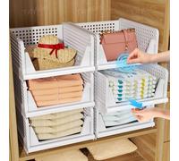 TidyIsles Organizador de Armario Paquete de 4, Organizadores Plegables y Apilables, Cesta Almacenamiento de Plástico para Cajones, Solución de Organización de Ropa para Dormitorio, Blanco