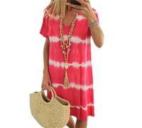 Tie-Dye Striped Short-Sleeved T-Shirt Dress, Plus Size Casual Dresses, Summer Flowy Dresses For Women, Tie Dye Dress For Women (Red,XXL)