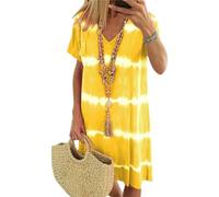 Tie-Dye Striped Short-Sleeved T-Shirt Dress, Plus Size Casual Dresses, Summer Flowy Dresses For Women, Tie Dye Dress For Women (Yellow,XXL)
