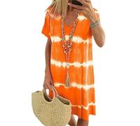 Tie-Dye Striped Short-Sleeved T-Shirt Dress, Plus Size Casual Dresses, Summer Flowy Dresses For Women, Tie Dye Dress For Women (Orange,M)