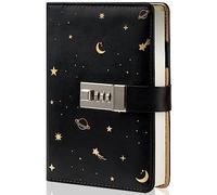 TIEFOSSI Diario de cuero estrellado con bloqueo, carpeta de papel rellenable con contraseña, cuaderno de escritura secreto A6 de tapa dura para mujeres y niñas, 12 x 19 cm