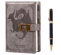 TIEFOSSI Dragon - Diario de cuero con bolígrafo, diario con bloqueo de combinación, cuaderno de papel con forro/en blanco, B6 Escribir diarios de papelería (gris)