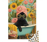 Tiempo de baño de Gato Negro Puzzle De 1000 Trozos Papel Grueso Rompecabezas Compatible con Tabla Noche De Juegos En Familia Horas Entretenimiento 52x38cm/1000pcs