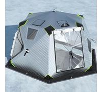 Tienda de campaña de pesca en hielo con ventilación de estufa, refugio hexagonal de invierno para hasta 8 personas con ventanas grandes y alfombrilla de hielo antideslizante