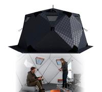 Tienda de campaña de pesca en hielo, shanty desplegable aislada para 6-10 personas, refugio resistente al viento de 75 pies cuadrados con 2 puertas, 5 ventanas, bolsa de transporte, centro de pesca al