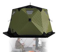 Tienda de campaña de pesca en hielo, shanty desplegable aislada para 6-10 personas, refugio resistente al viento de 75 pies cuadrados con 2 puertas, 5 ventanas, bolsa de transporte, centro de pesca al