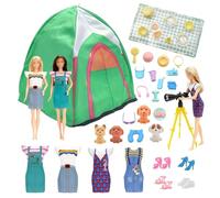 Tienda de campaña de viaje para muñecas de 43 piezas, compatible con Barbie, accesorios de muñecas de 11.5 pulgadas con 1 tienda de campaña para muñecas, 4 vestidos, 4 zapatos, 4 mini cachorros, 7