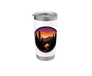 Tienda de campaña vintage montaña puesta de sol retro aventura excursionista Vaso térmico de acero inoxidable de doble pared
