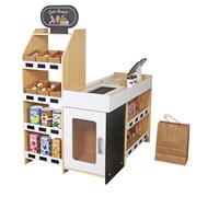Tienda de madera para niños, gran tienda de comerciantes con accesorios, efectivo, escáner y dinero de juego, juguete de madera (83 x 62,5 x 107 cm)