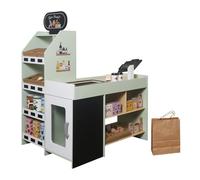 Tienda de madera para supermercado, color verde pastel, gran juego para niños con 58 piezas, accesorios, caja registradora, alimentos, comida rápida y dinero de juego, supermercado de madera estable