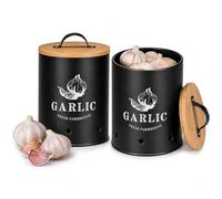 TIENDA EURASIA - Bote para Ajos con Tapa de Bambú | Recipiente de Almacenamiento Ventilado para Cocina y Despensa | Tarro Organizador para Conservación de Ajos | 11x11x17 cm (Negro)
