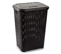 TIENDA EURASIA - Cesto Ropa de Plastico con Tapa y Acabado Diseño Mimbre, Cubo Ropa Sucia con Tapa, Cesta Ropa Sucia Mimbre de Tamaño 62 x 44 x 35 cm (Marron)